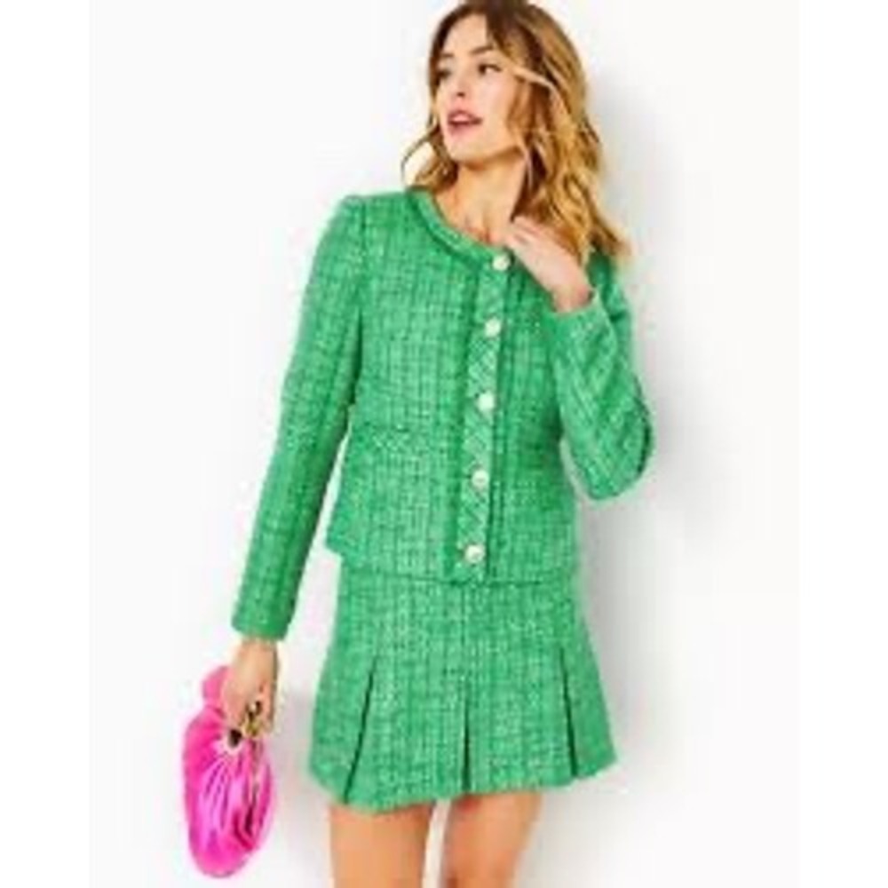 Lilly Pulitzer Tweed Mini Skirt Women Size 10, green, Wool Blend Pleated
